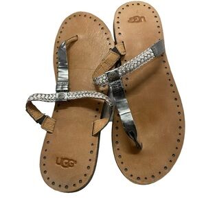 Ugg Bria Silver Leather Single Braided Cross Strap Slide In Sandals Sz 9 Boho